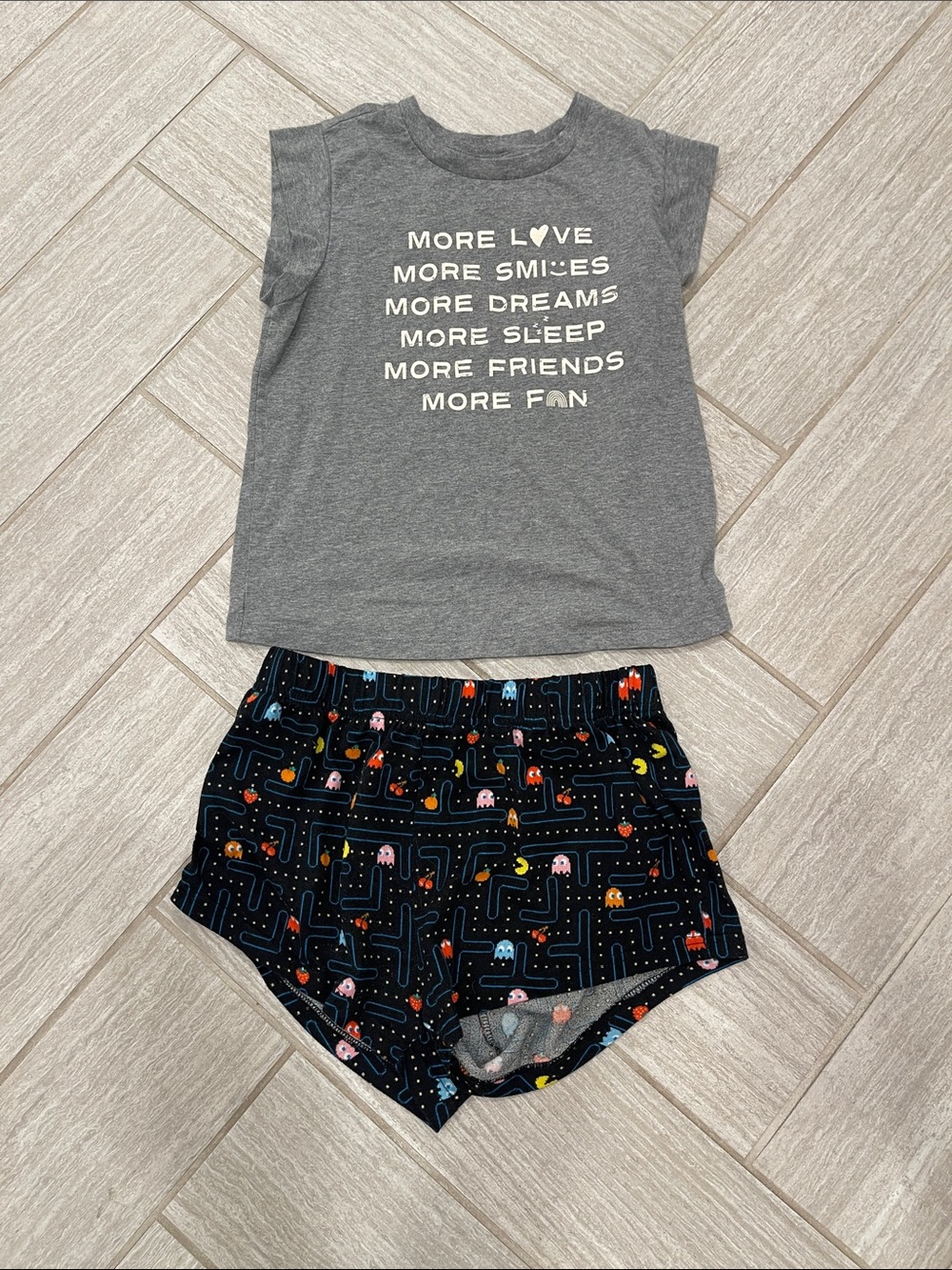Grey Graphic Tee & Pac-Man Print PJ Shorts Set